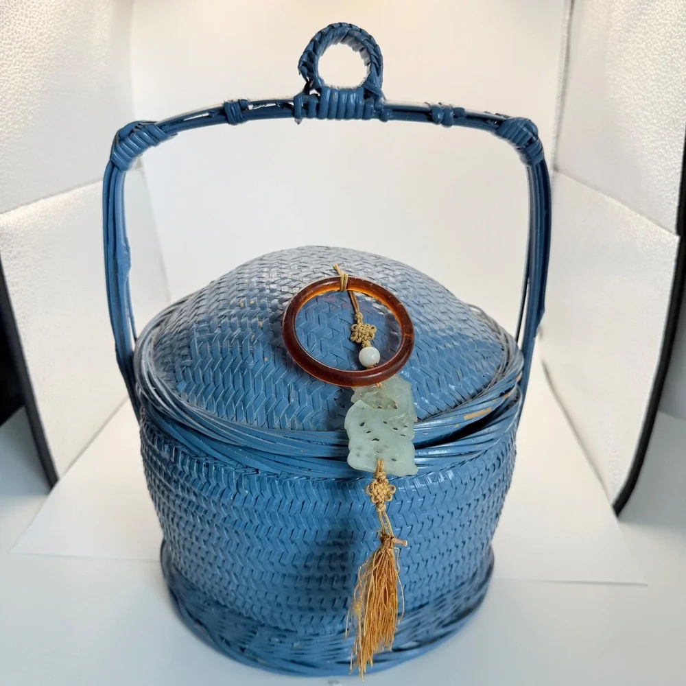 VTG Chinese Woven Blue Wedding Basket Carved Jade Pendant Tassel Lidded Large